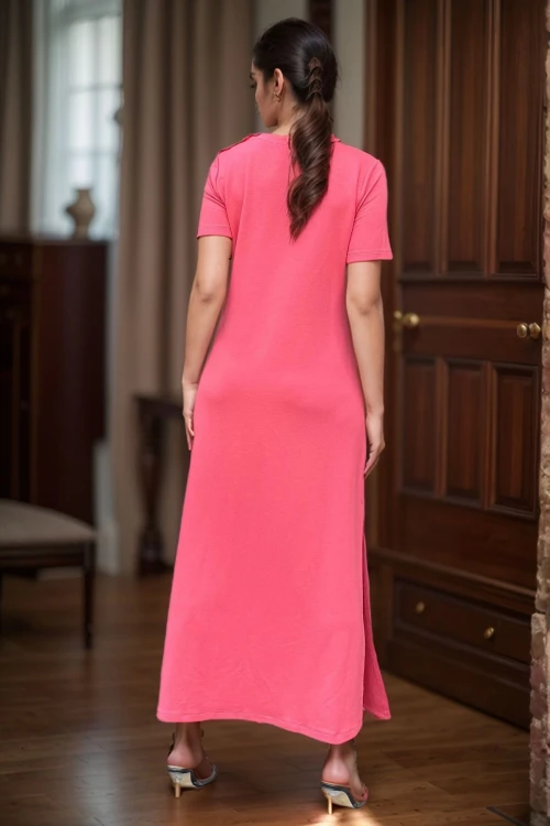 Mercan Omzu Düğmeli Yırtmaçlı Uzun Elbise BCBSK-25700-3618