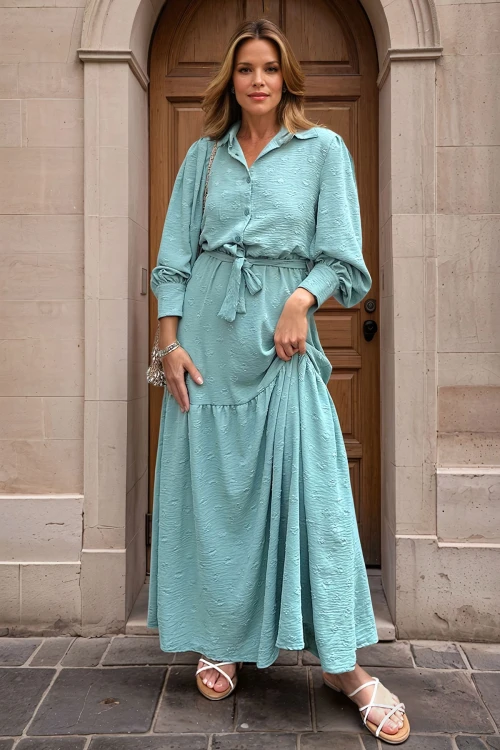 Mint Beli Bağlamalı Uzun Elbise BCBSK-25700-3550