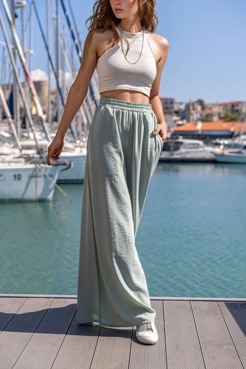 Mint Beli Lastikli Cepli Bol Paça Yumuşak Dokulu Salaş Pantolon BCBSK-25700-3391