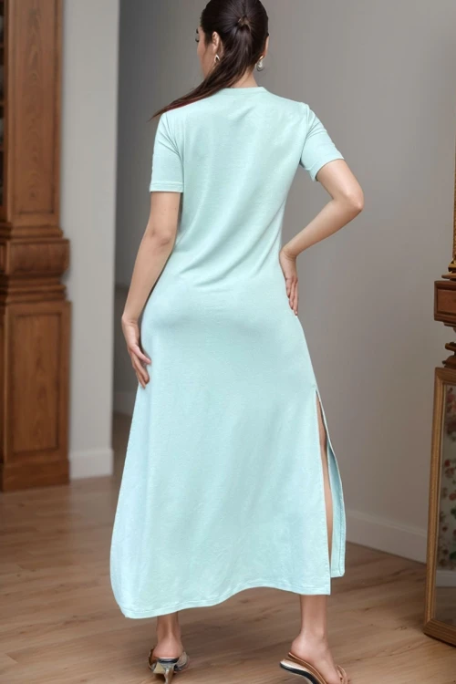 Mint Omzu Düğmeli Yırtmaçlı Uzun Elbise BCBSK-25700-3618