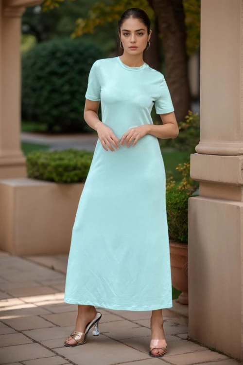 Mint Omzu Düğmeli Yırtmaçlı Uzun Elbise BCBSK-25700-3618