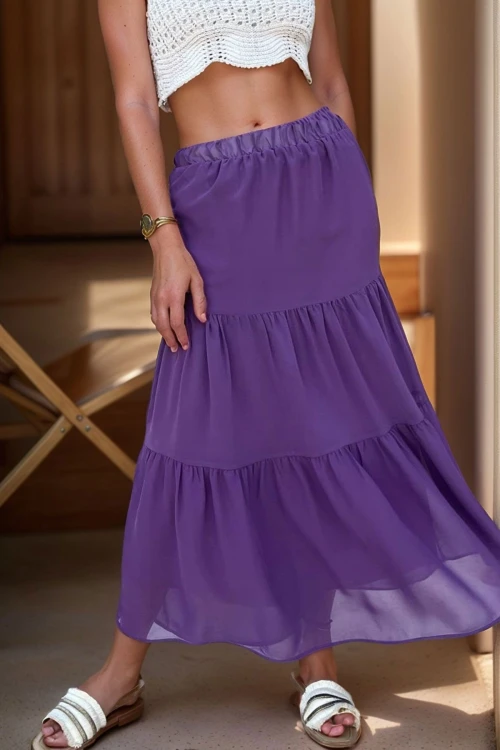 Mor Beli Lastikli Volanlı Şifon Astarlı Kiloş Etek BCBSK-25700-3642