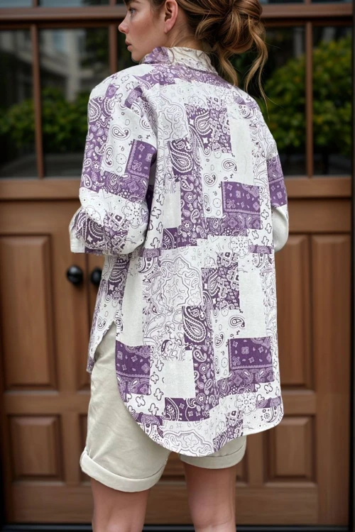 Mor Kendinden Desenli Gabardin Düğmeli Çift Cep Ceket Gömlek BCBSK-25700-3551