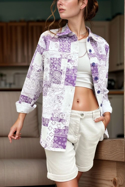 Mor Kendinden Desenli Gabardin Düğmeli Çift Cep Ceket Gömlek BCBSK-25700-3551