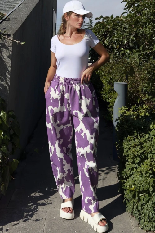 Mor Yüksek Bel Beli Lastikli Pantolon BCBSK-25700-3548