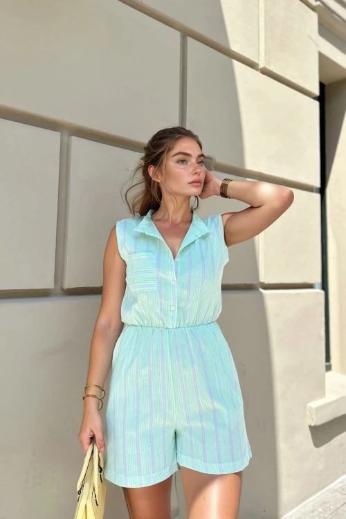 Neon Yeşil Beli Lastikli Cepli Kendinden Dokulu Şort Tulum BCBSK-25700-3421