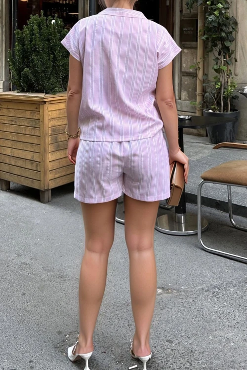 Pembe Ceket Yaka Çizgili Cepli Beli Lastikli Gömlek Şort Takım BCBSK-25700-3625