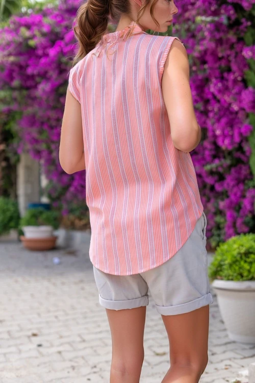 Pembe Kendinden Dokulu Yarım Patlı Kolsuz Bluz BCBSK-25700-3422