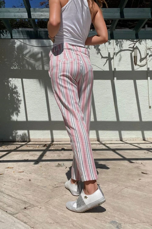 Pembe Keten Cepli Düğmeli Boru Paça Havuç Pantolon BCBSK-25700-3394