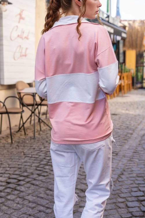 Pembe Yakası Fermuarlı Color Block Polo Yaka Salaş Sweatshirt BCBSK-25700-3471