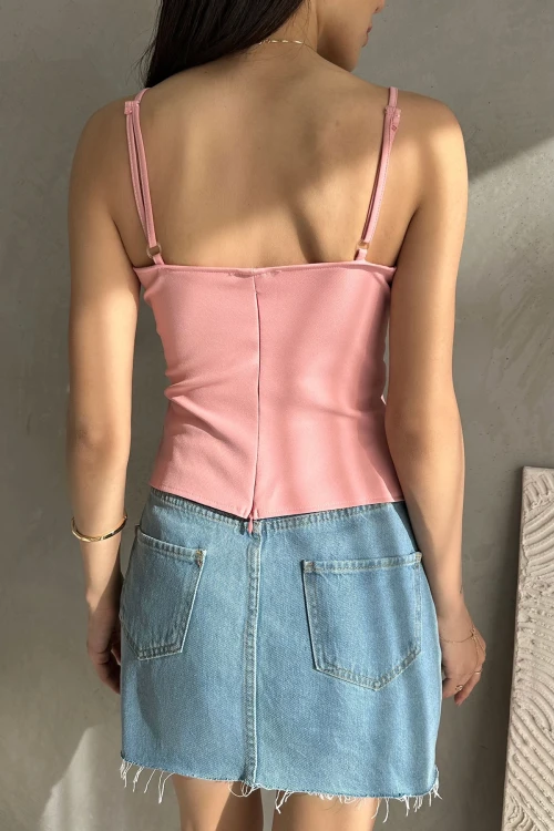 Pudra Ayarlanabilir İp Askılı Önü Bağlama Detaylı Yazlık Bluz BCDF-252187