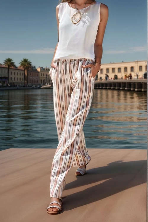 Pudra Beli Lastikli Cepli Çizgili Salaş Keten Pantolon BCBSK-25700-3258