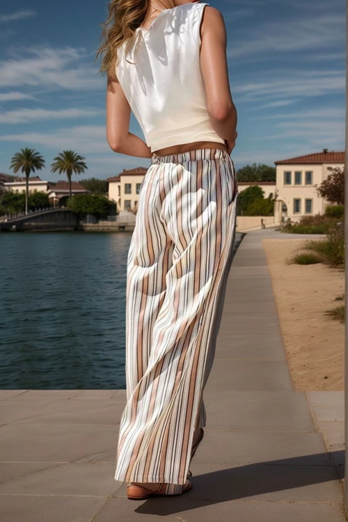 Pudra Beli Lastikli Cepli Çizgili Salaş Keten Pantolon BCBSK-25700-3258