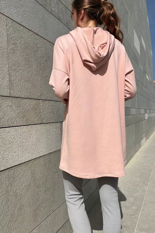 Pudra Kapüşonlu Kanguru Cep Uzun Salaş Sweatshirt BCBSK-25700-3476