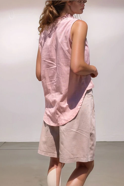 Pudra Keten Yarım Patlı Kolsuz Gömlek BCBSK-25700-SS22-7158