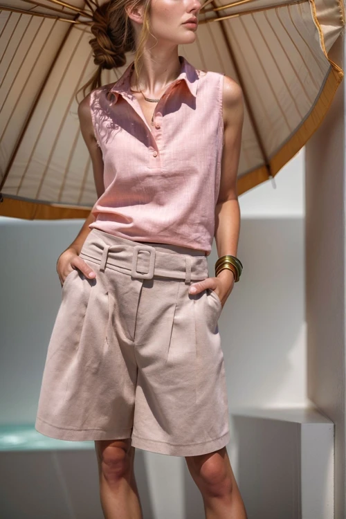 Pudra Keten Yarım Patlı Kolsuz Gömlek BCBSK-25700-SS22-7158