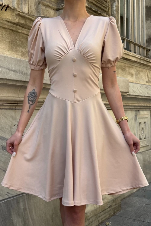 Pudra V Yaka Kolları Lastikli Düğme Detaylı Midi Boy Kloş Elbise BCDF-252194