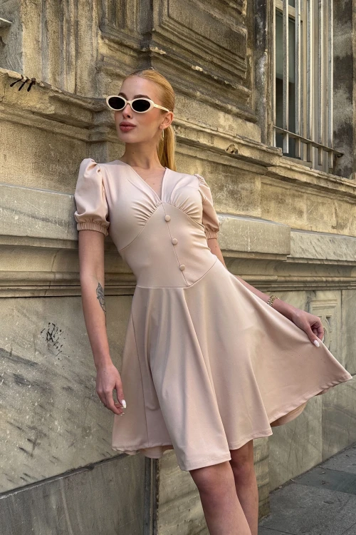 Pudra V Yaka Kolları Lastikli Düğme Detaylı Midi Boy Kloş Elbise BCDF-252194