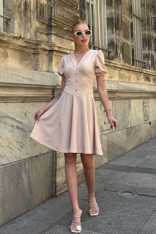 Pudra V Yaka Kolları Lastikli Düğme Detaylı Midi Boy Kloş Elbise BCDF-252194