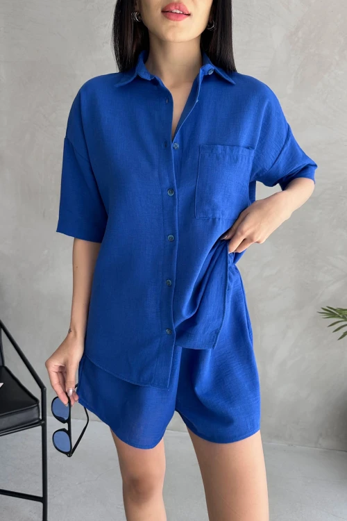 Saks Aerobin Keten Kısa Kol Gömlek Ve Şort Alt Üst Takım BCDF-253608