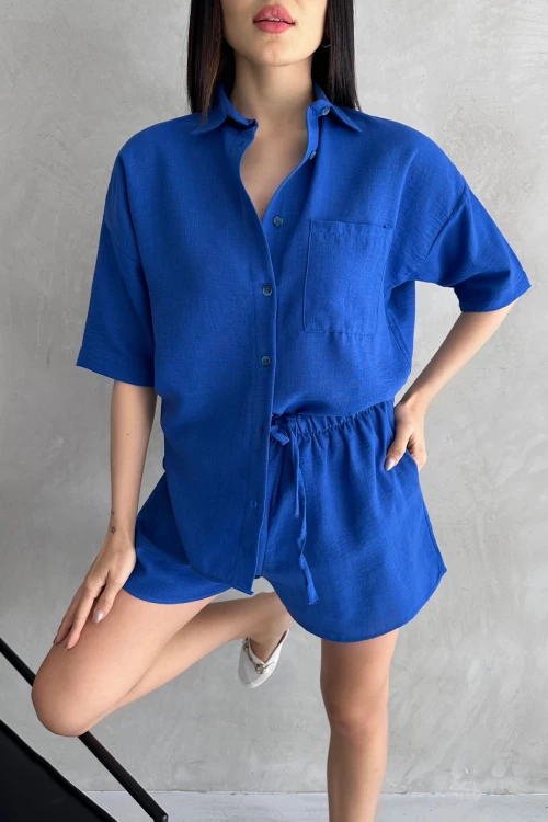 Saks Aerobin Keten Kısa Kol Gömlek Ve Şort Alt Üst Takım BCDF-253608