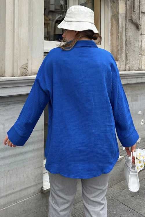 Saks Düğmeli Oversize Uzun Kollu Gömlek BCBSK-25700-3406