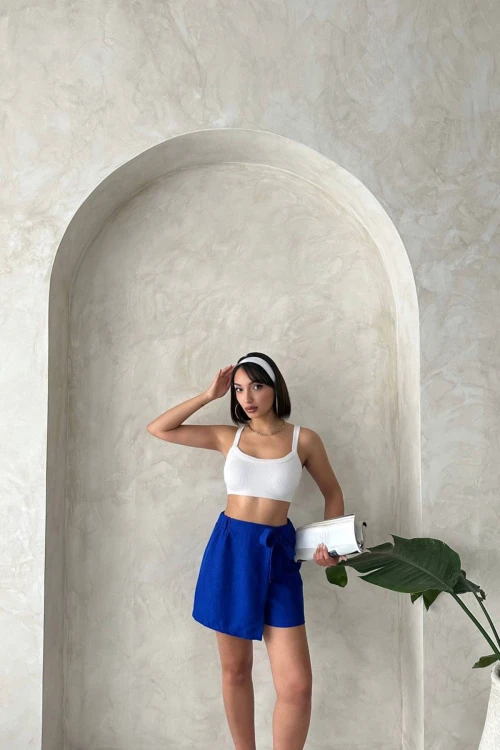 Saks Fiyonklu Önü Parçalı Dokuma Şort Etek