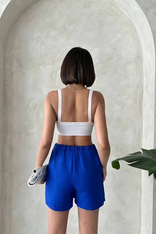 Saks Fiyonklu Önü Parçalı Dokuma Şort Etek