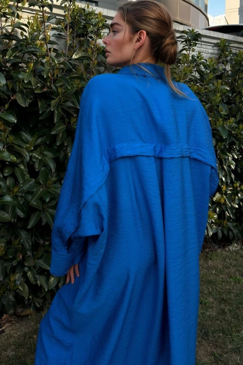 Saks Keten Yarasa Kol Salaş Cepli Gömlek Elbise BCBSK-25700-3282