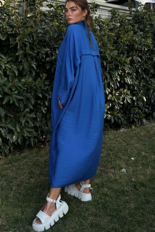 Saks Keten Yarasa Kol Salaş Cepli Gömlek Elbise BCBSK-25700-3282