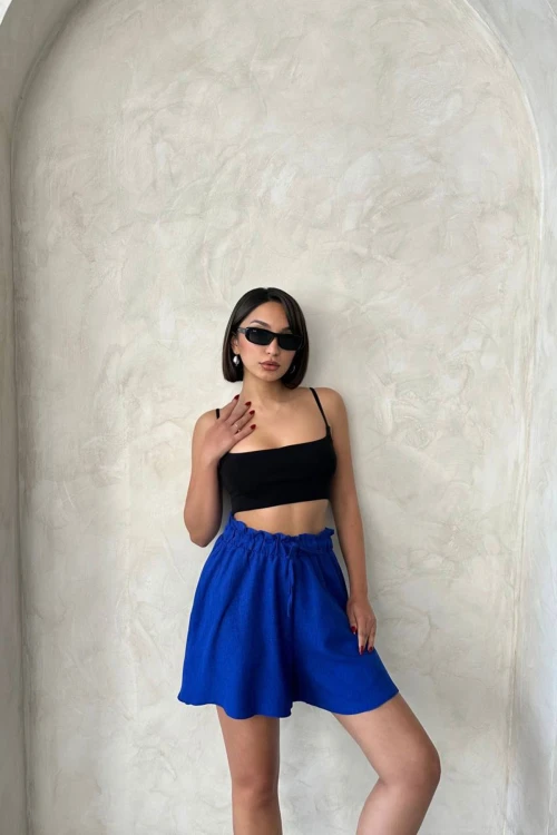 Saks Volanlı Rahat Kalıp Beli Lastikli Keten Şort BCHN-25255058