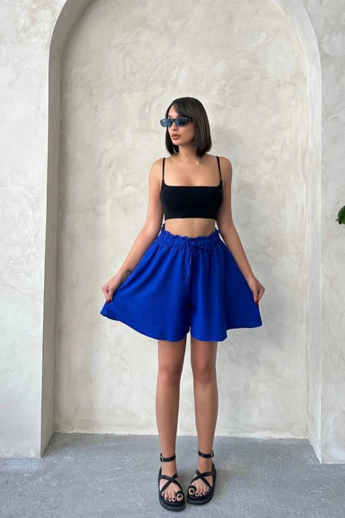 Saks Volanlı Rahat Kalıp Beli Lastikli Keten Şort BCHN-25255058