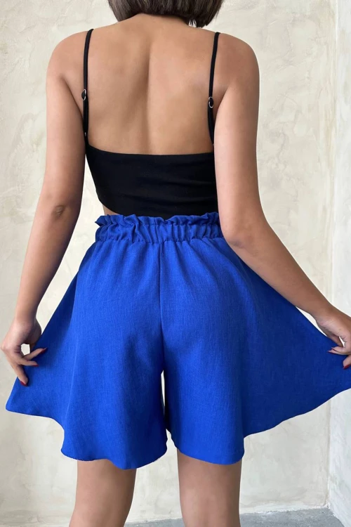 Saks Volanlı Rahat Kalıp Beli Lastikli Keten Şort BCHN-25255058