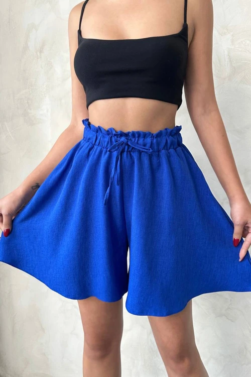 Saks Volanlı Rahat Kalıp Beli Lastikli Keten Şort BCHN-25255058