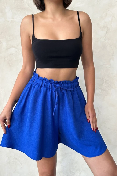 Saks Volanlı Rahat Kalıp Beli Lastikli Keten Şort BCHN-25255058