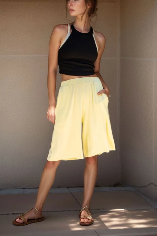 Sarı Beli Lastikli Cepli Şort BCBSK-25700-3263