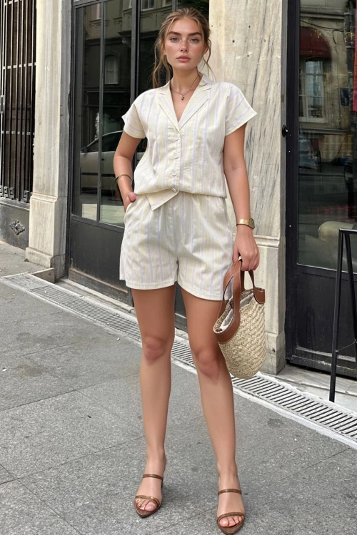 Sarı Ceket Yaka Çizgili Cepli Beli Lastikli Gömlek Şort Takım BCBSK-25700-3625