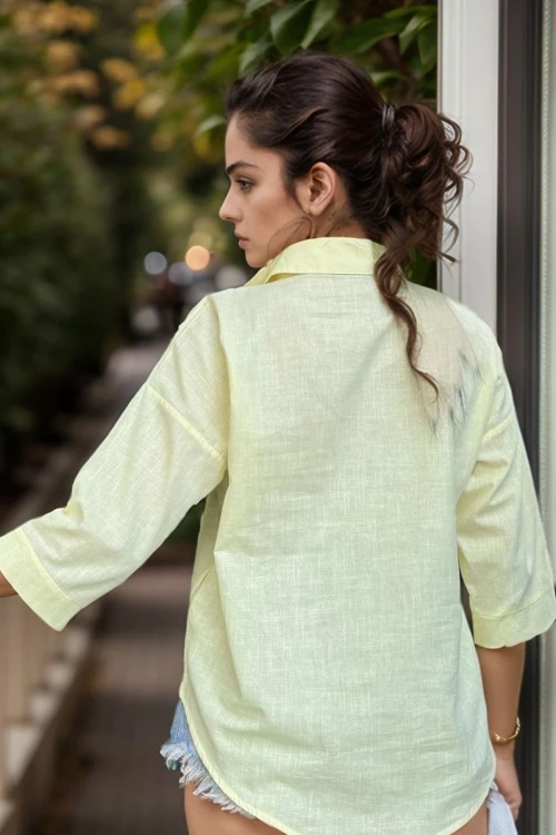 Sarı Keten Görünümlü Tek Cep Truvakar Kol Salaş Gömlek BCBSK-25700-3619