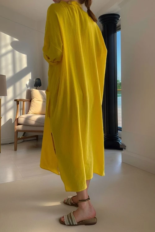 Sarı Müslin Yarım Patlı Cepli Yırtmaçlı Bol Kesim Salaş Elbise BCBSK-25700-3620