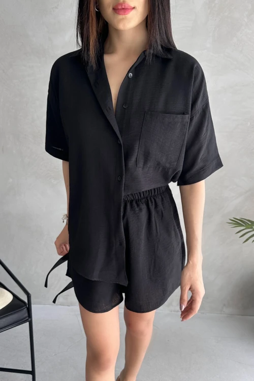 Siyah Aerobin Keten Kısa Kol Gömlek Ve Şort Alt Üst Takım