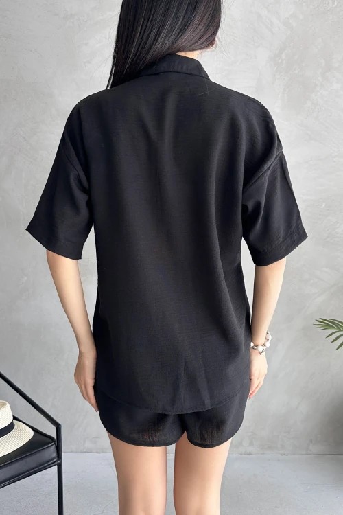 Siyah Aerobin Keten Kısa Kol Gömlek Ve Şort Alt Üst Takım