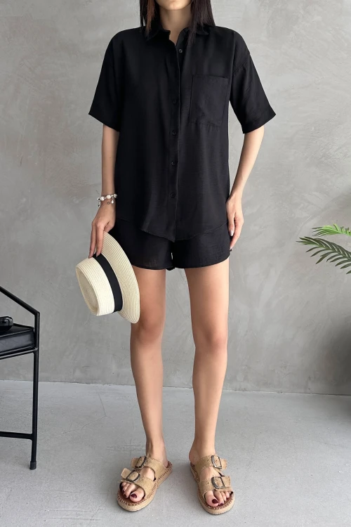 Siyah Aerobin Keten Kısa Kol Gömlek Ve Şort Alt Üst Takım