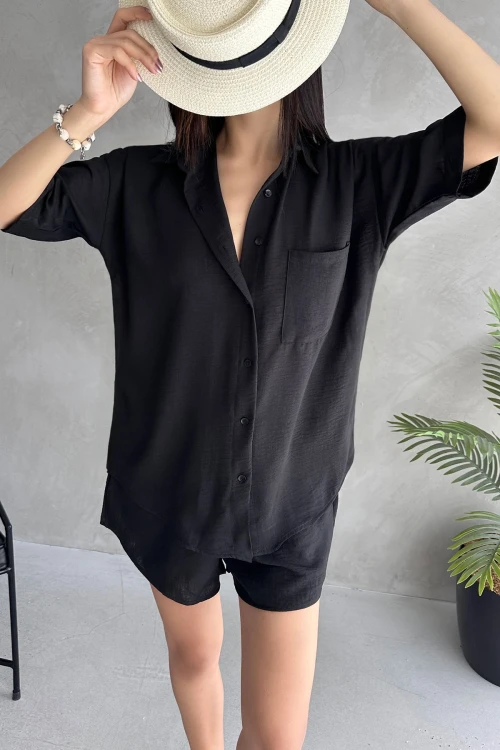 Siyah Aerobin Keten Kısa Kol Gömlek Ve Şort Alt Üst Takım