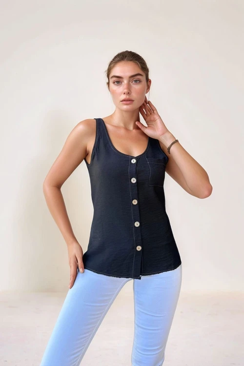 Siyah Askılı Düğmeli Keten Bluz BCBSK-25700-2910