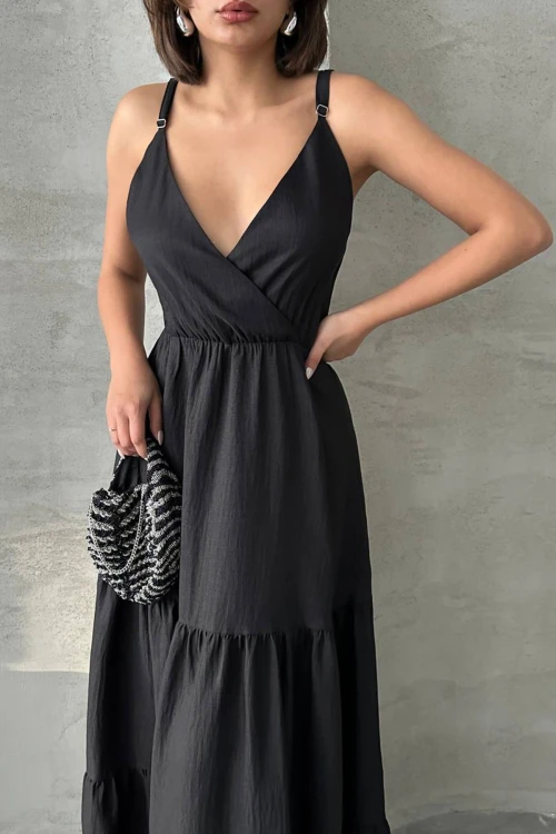 Siyah Askılı Kruvaze Yaka Eteği Kat Kat Volanlı Keten Elbise BCHN-25255049