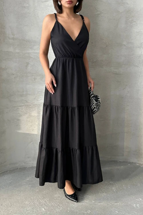 Siyah Askılı Kruvaze Yaka Eteği Kat Kat Volanlı Keten Elbise BCHN-25255049