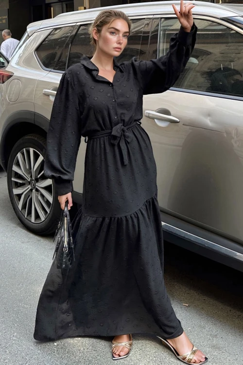 Siyah Beli Bağlamalı Uzun Elbise BCBSK-25700-3550