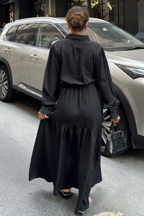 Siyah Beli Bağlamalı Uzun Elbise BCBSK-25700-3550