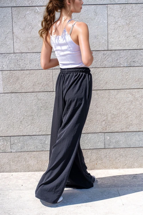 Siyah Beli Lastikli Cepli Bol Paça Yumuşak Dokulu Salaş Pantolon BCBSK-25700-3391