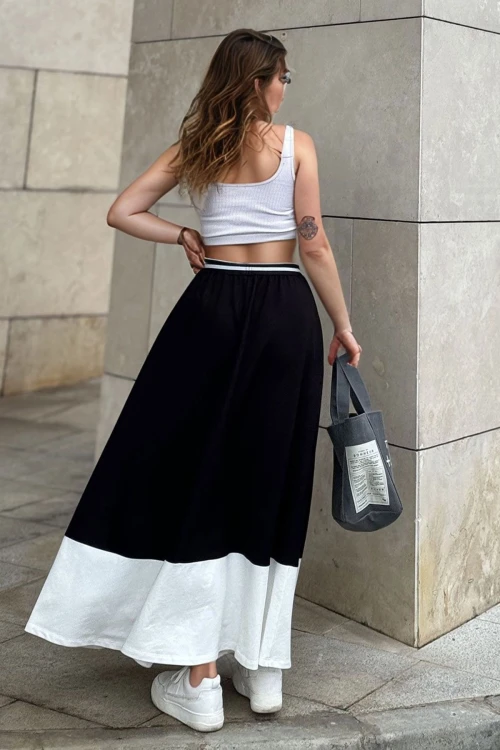 Siyah Beli Şeritli Lastikli Color Block Kiloş Uzun Etek BCBSK-25700-3535